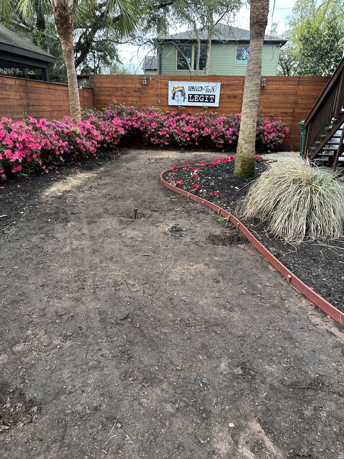 Jardín de tierra con azaleas antes de instalar grama