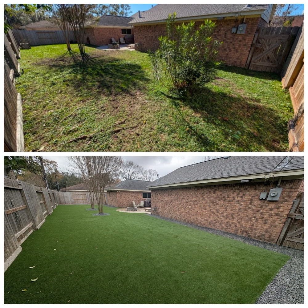 Patio antes y después: de lodazal a grama artificial impecable en Houston
